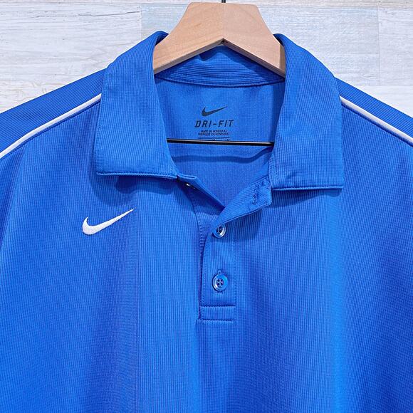 Nike Dri Fit Tech Golf Polo Shirt Blue White Piping Short Sleeve Mens Medium - Picture 2 of 7